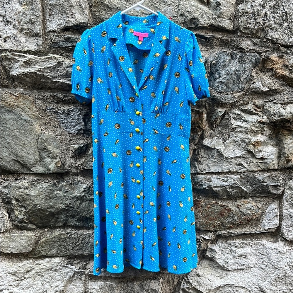 Betsey Johnson Bright Blue Button-Front Tea Dress with Yellow Print